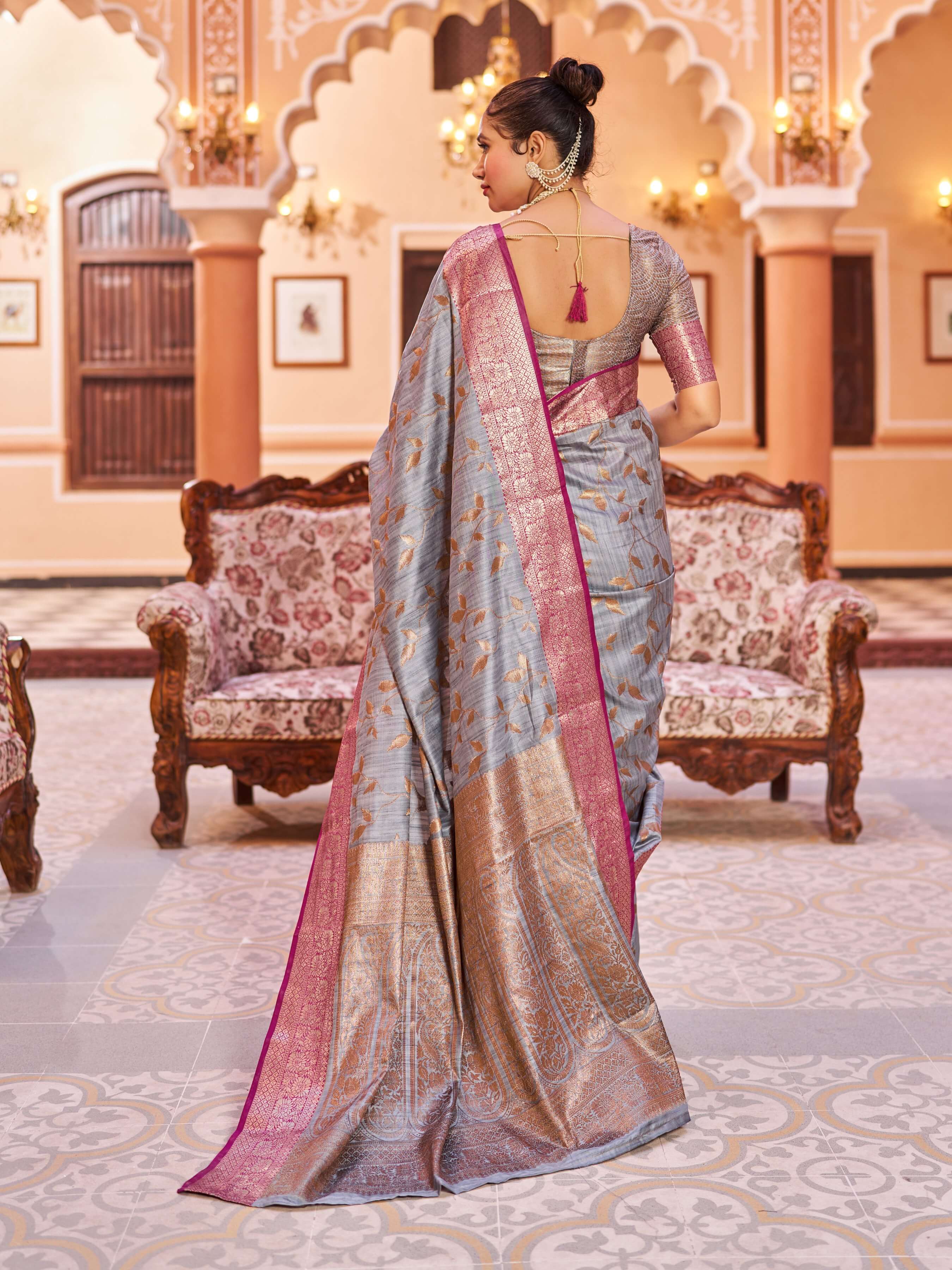 Pleasurable Grey Soft Banarasi Silk Saree With Surpassing Blouse Piece