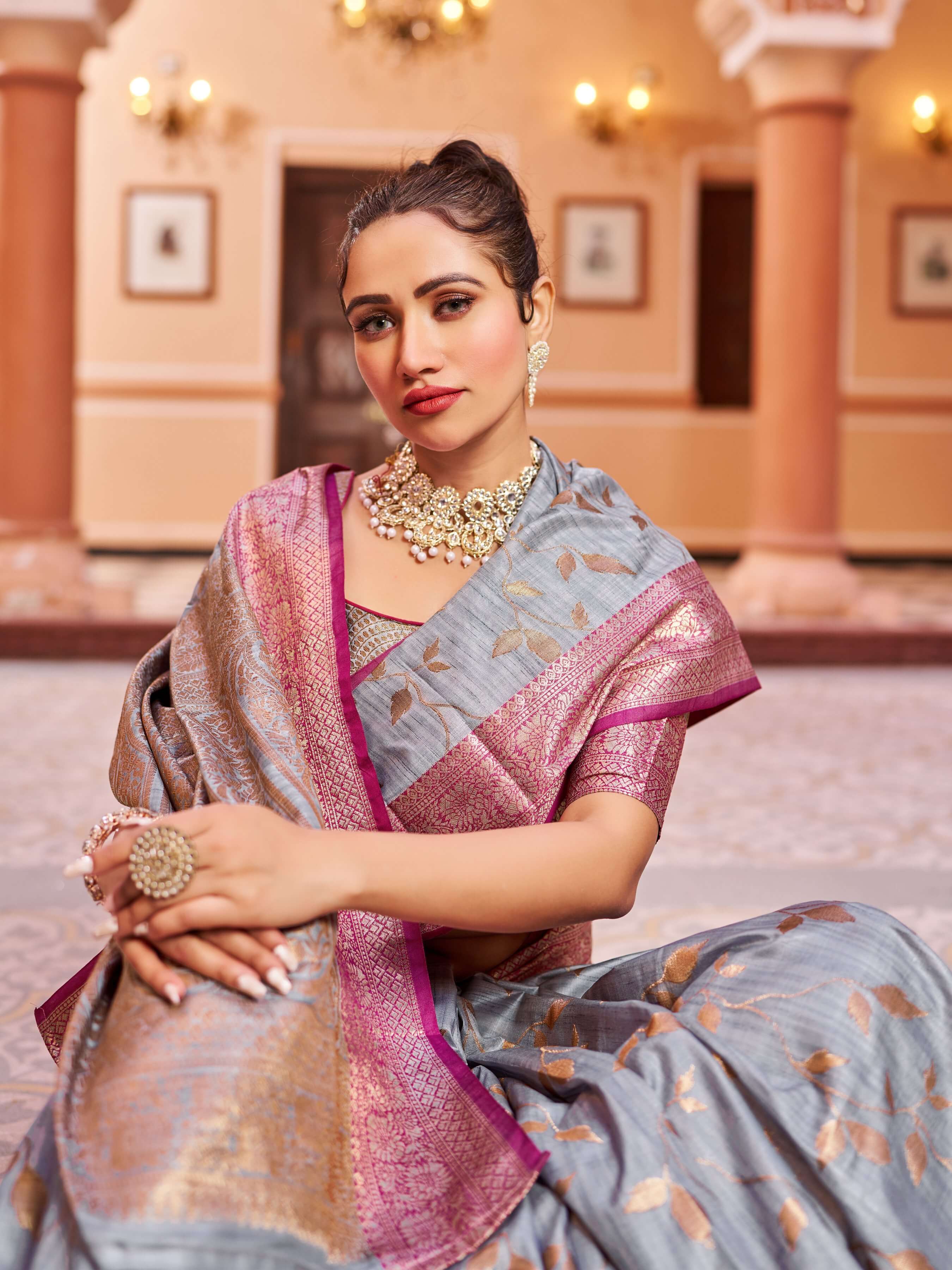 Pleasurable Grey Soft Banarasi Silk Saree With Surpassing Blouse Piece