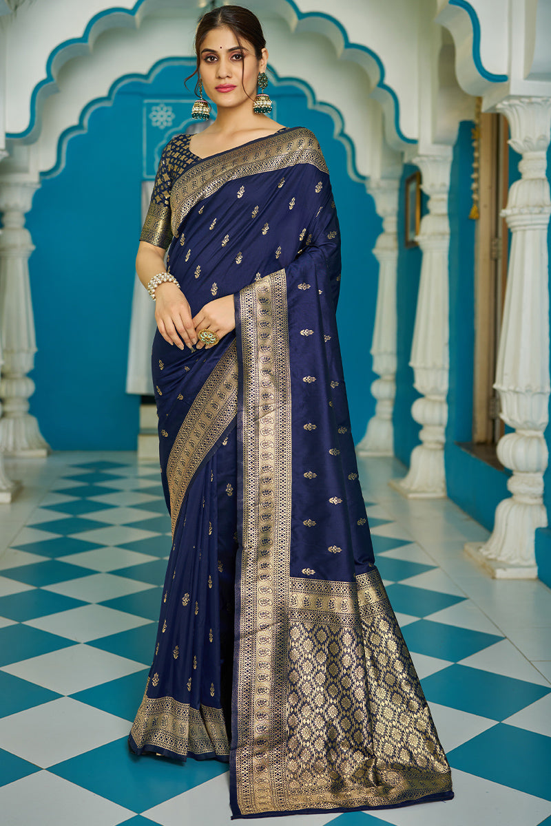 Stunning Navy Blue Banarasi Silk Saree With Staggering Blouse Piece