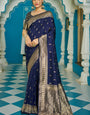 Stunning Navy Blue Banarasi Silk Saree With Staggering Blouse Piece