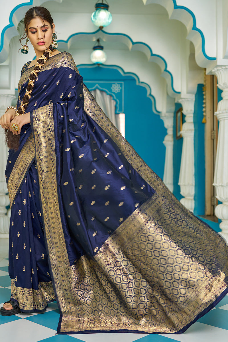 Stunning Navy Blue Banarasi Silk Saree With Staggering Blouse Piece