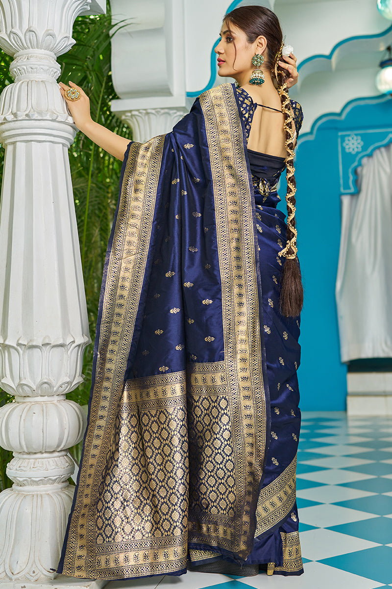 Stunning Navy Blue Banarasi Silk Saree With Staggering Blouse Piece