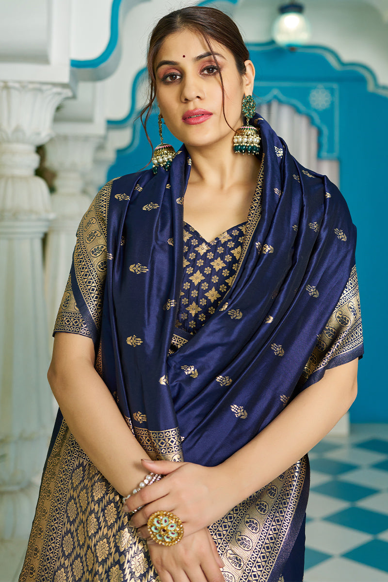 Stunning Navy Blue Banarasi Silk Saree With Staggering Blouse Piece