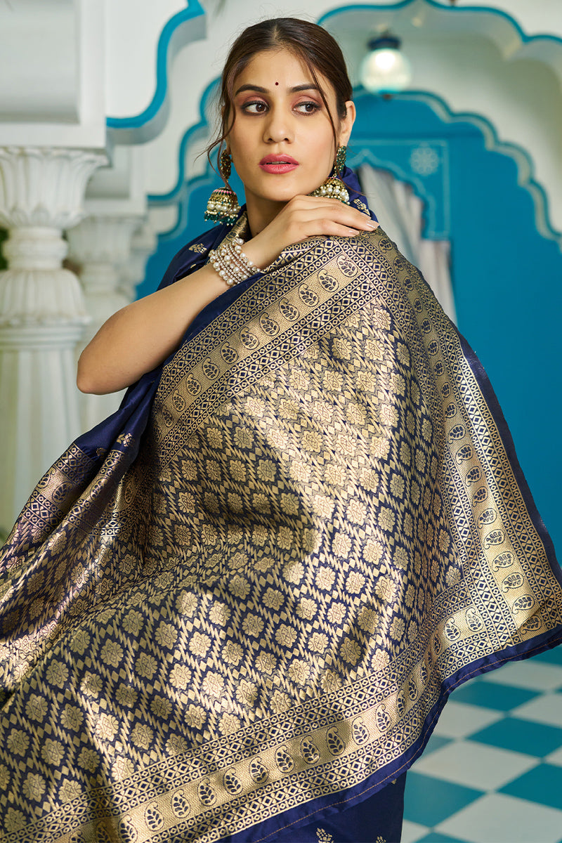 Stunning Navy Blue Banarasi Silk Saree With Staggering Blouse Piece