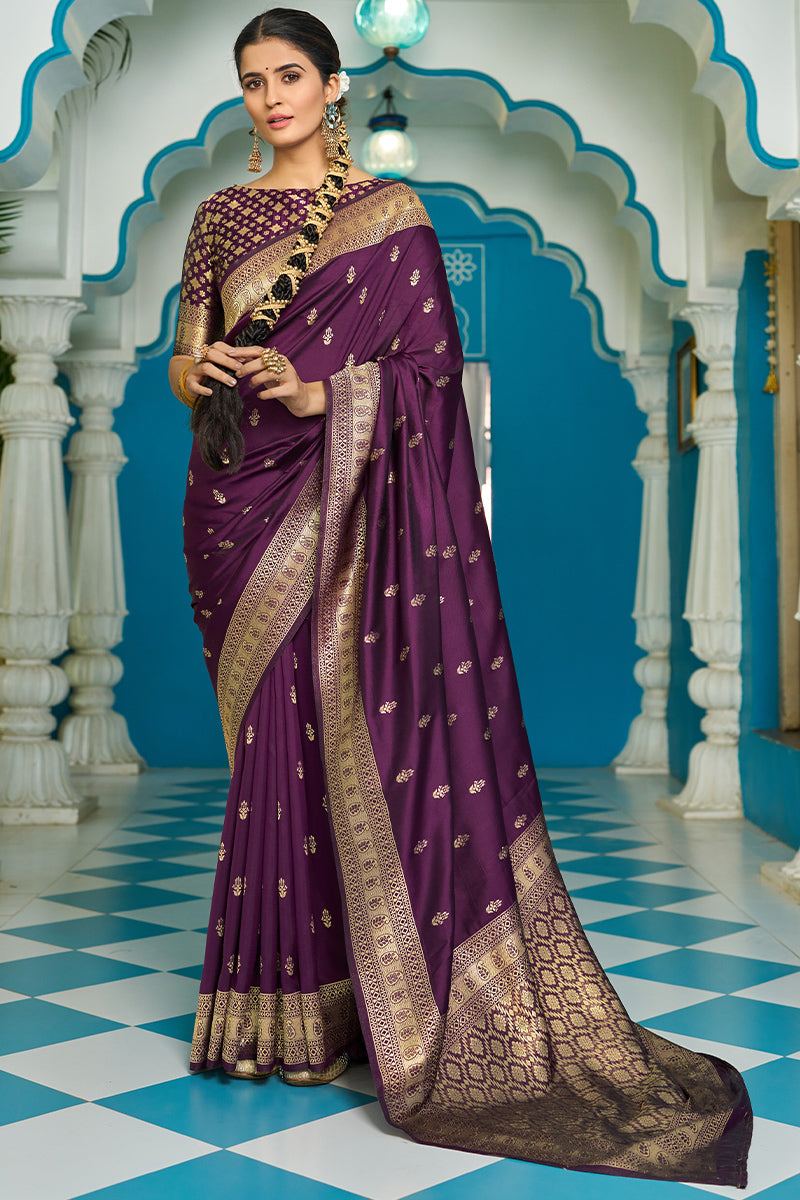 Innovative Purple Banarasi Silk Saree With Panoply Blouse Piece