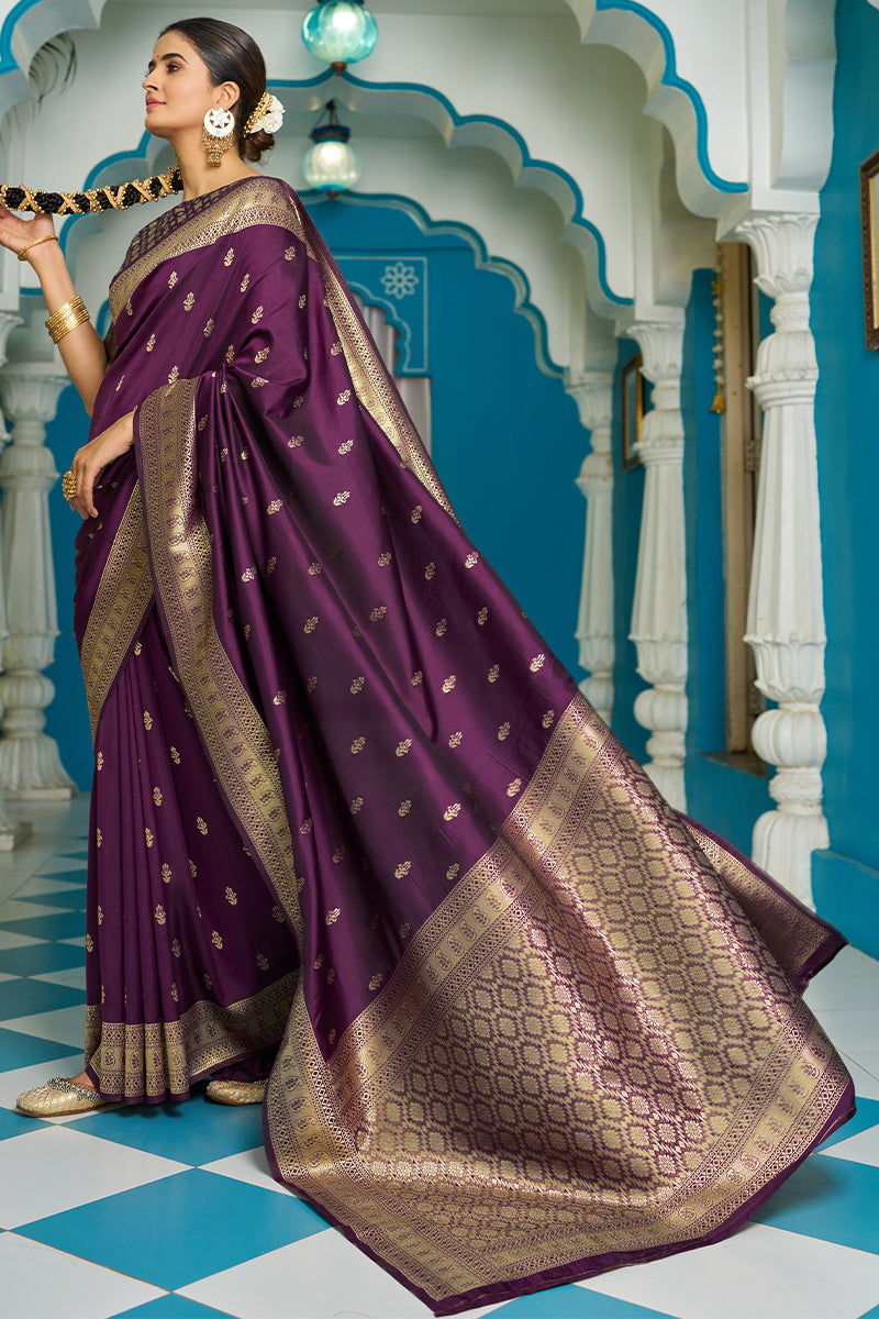 Innovative Purple Banarasi Silk Saree With Panoply Blouse Piece