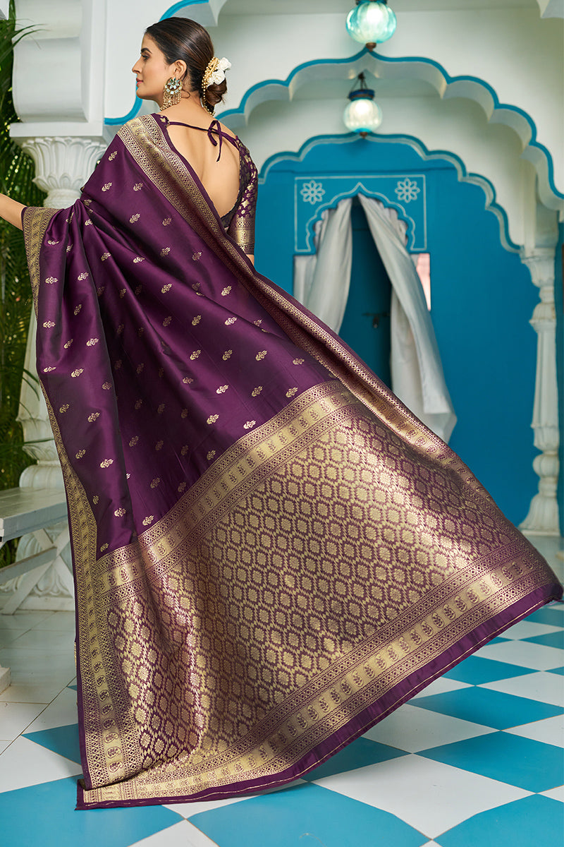 Innovative Purple Banarasi Silk Saree With Panoply Blouse Piece