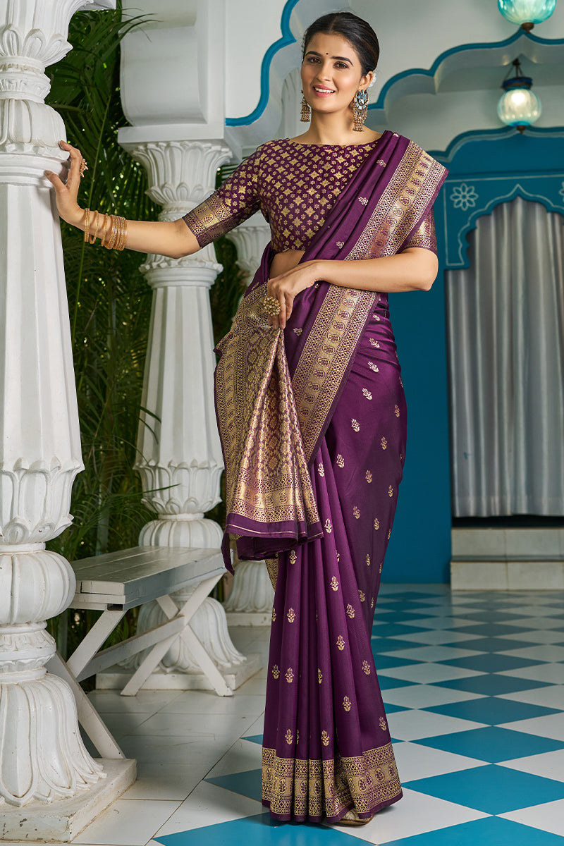 Innovative Purple Banarasi Silk Saree With Panoply Blouse Piece