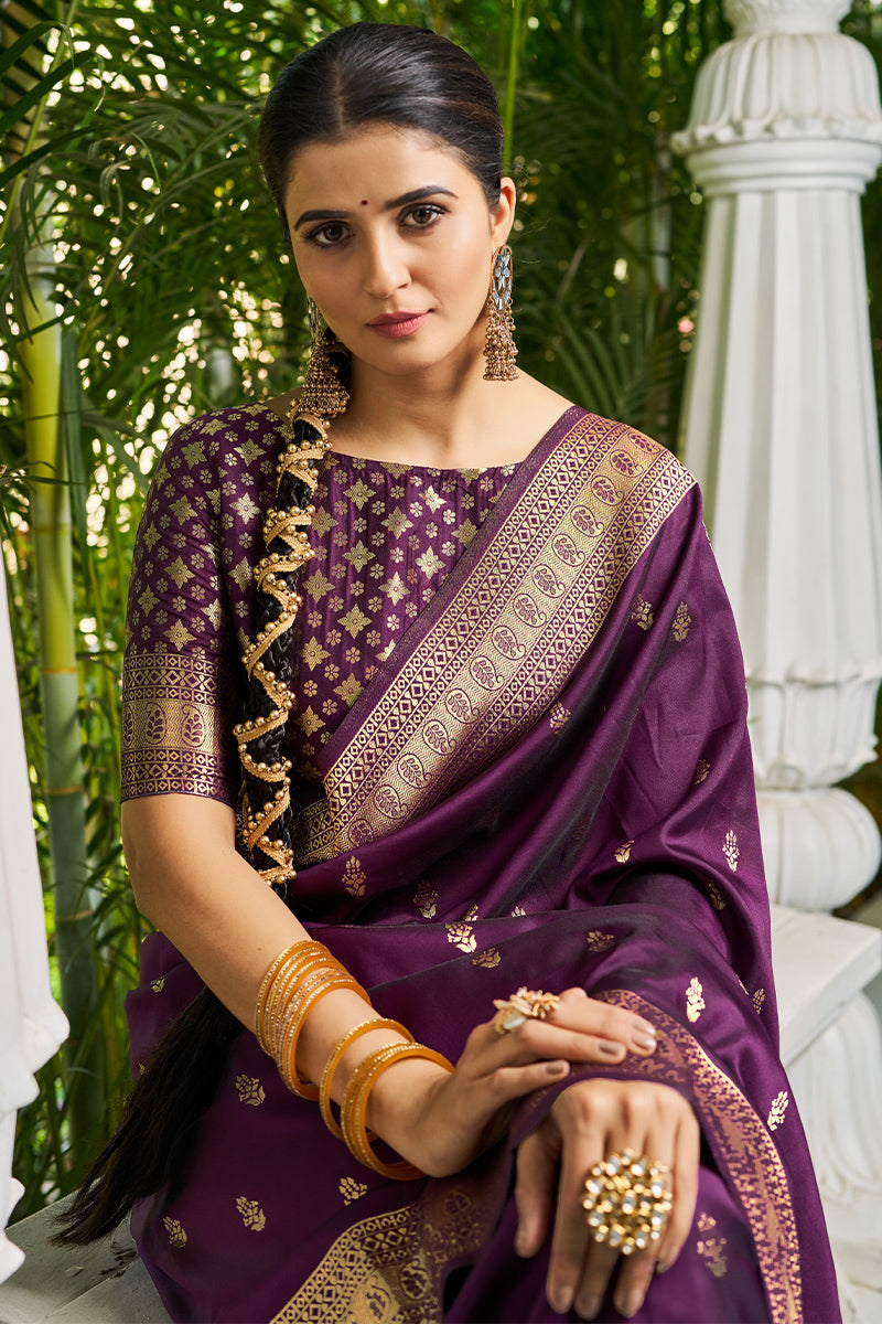 Innovative Purple Banarasi Silk Saree With Panoply Blouse Piece