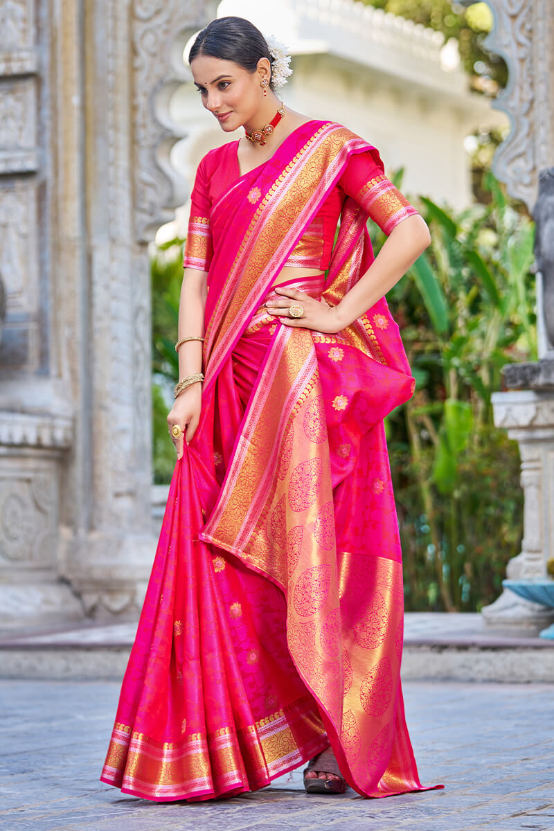 Appealing Dark Pink Kanjivaram Silk Saree With Ideal Blouse Piece