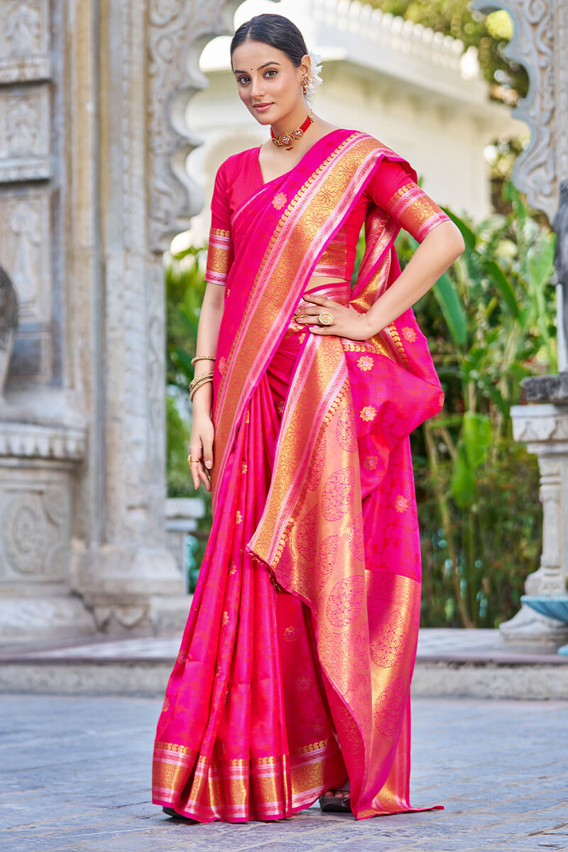 Appealing Dark Pink Kanjivaram Silk Saree With Ideal Blouse Piece