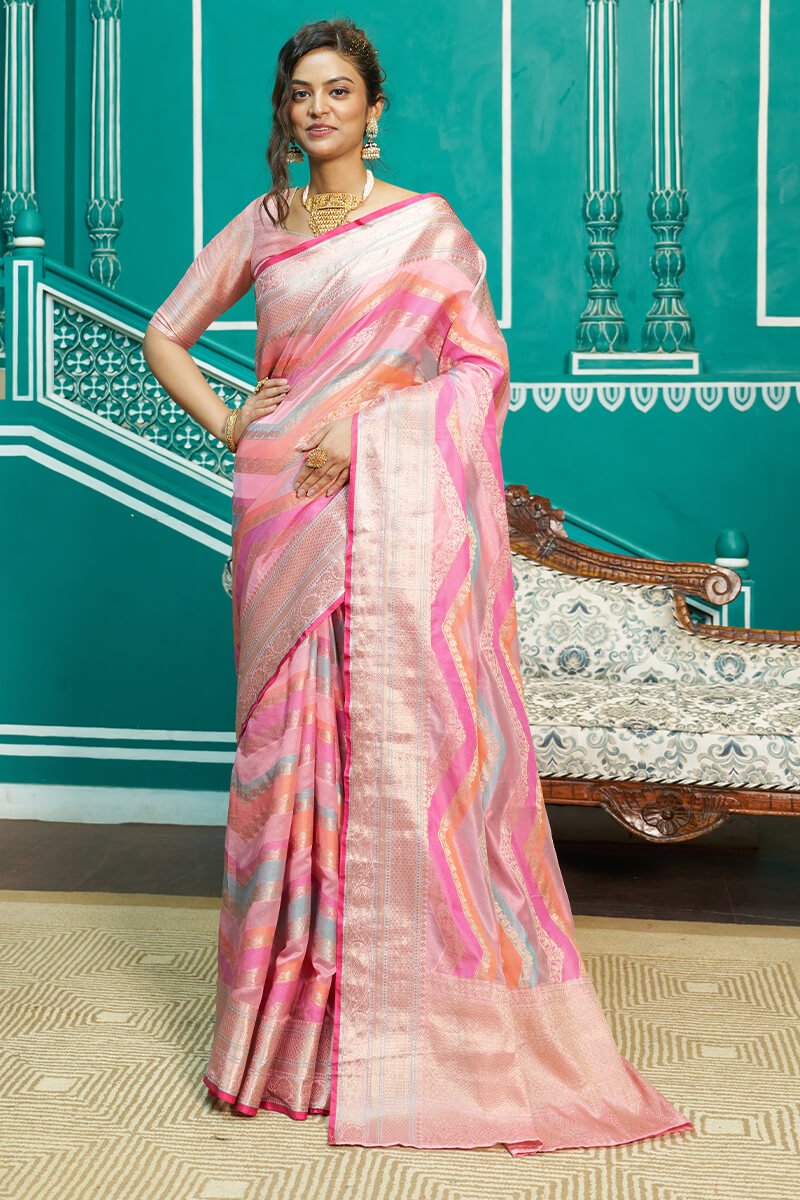 Glittering Baby Pink Organza Silk Saree With Radiant Blouse Piece