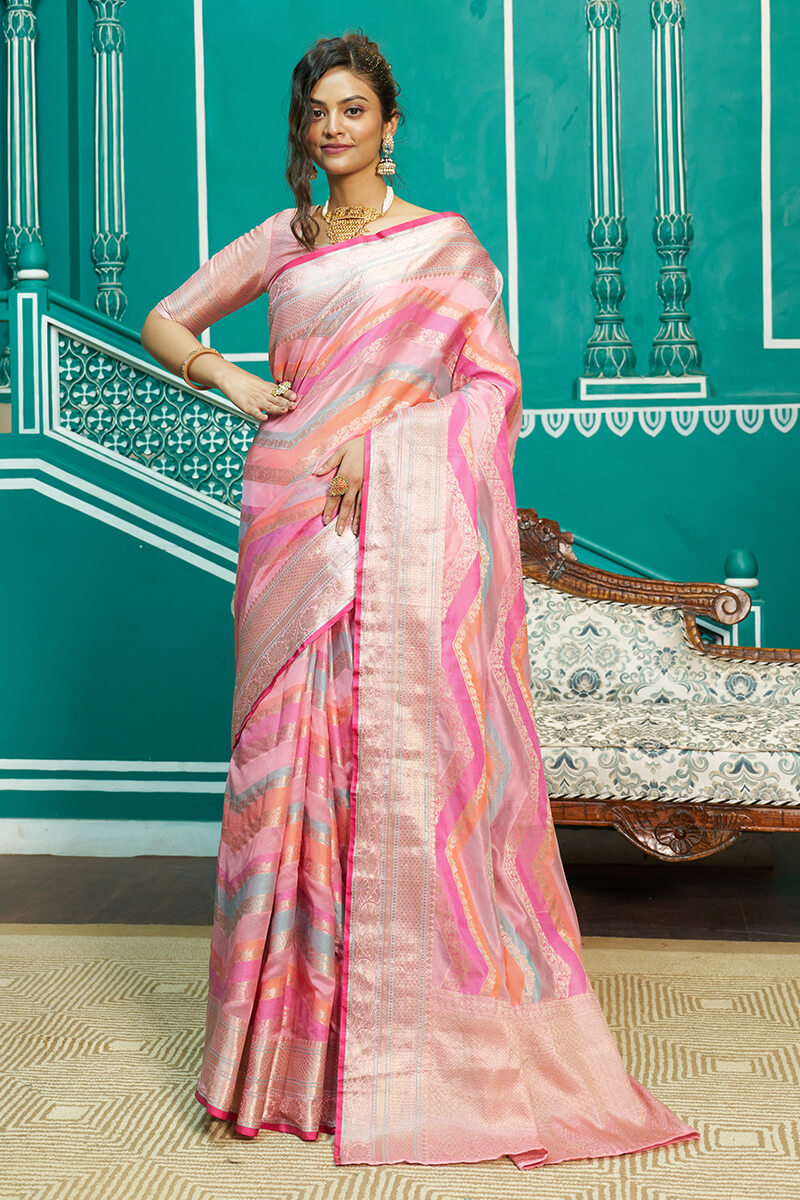 Glittering Baby Pink Organza Silk Saree With Radiant Blouse Piece