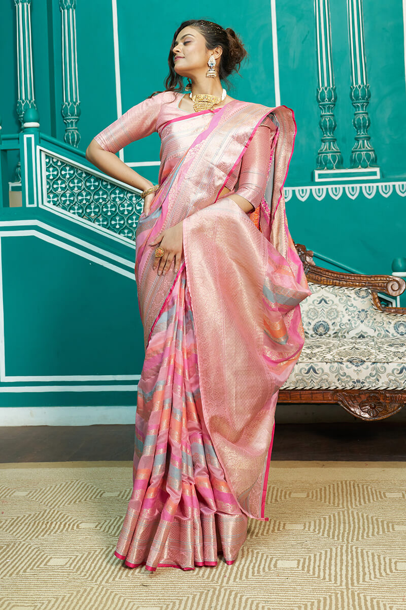 Glittering Baby Pink Organza Silk Saree With Radiant Blouse Piece