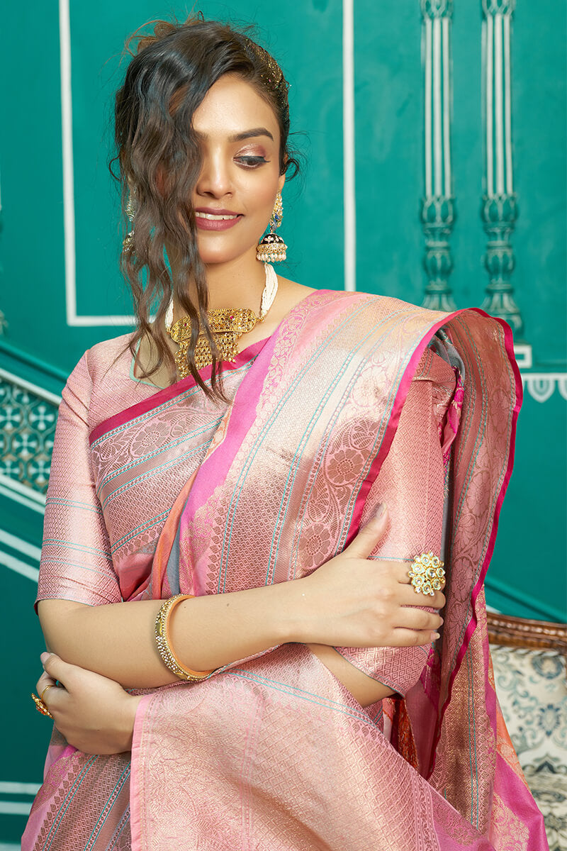 Glittering Baby Pink Organza Silk Saree With Radiant Blouse Piece