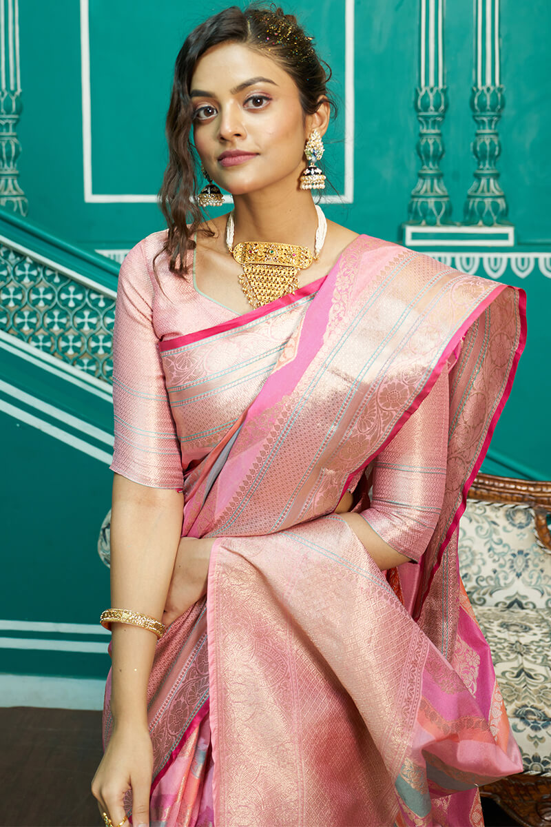 Glittering Baby Pink Organza Silk Saree With Radiant Blouse Piece