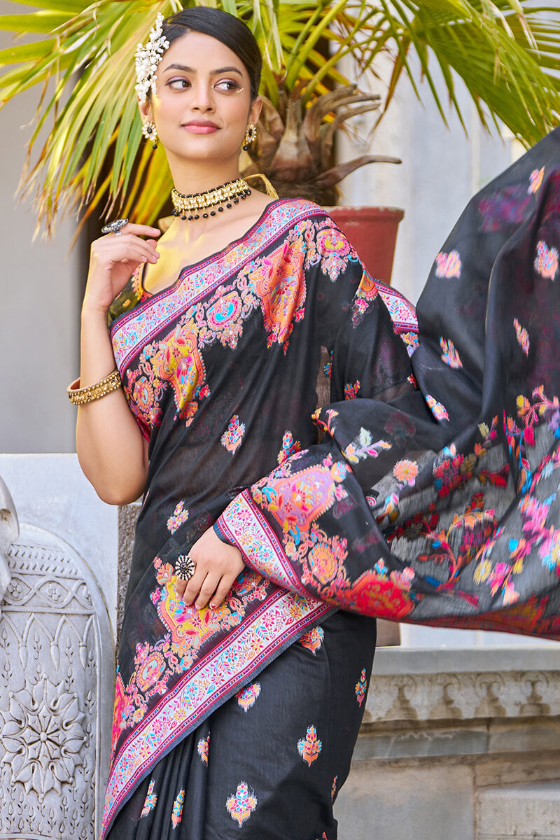 Breathtaking Black Pashmina saree With Precious Blouse Piece