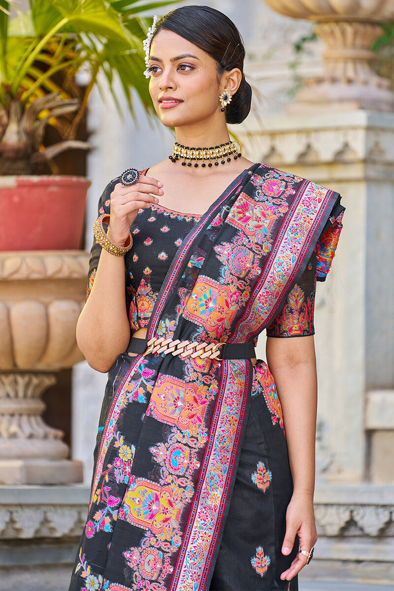 Breathtaking Black Pashmina saree With Precious Blouse Piece