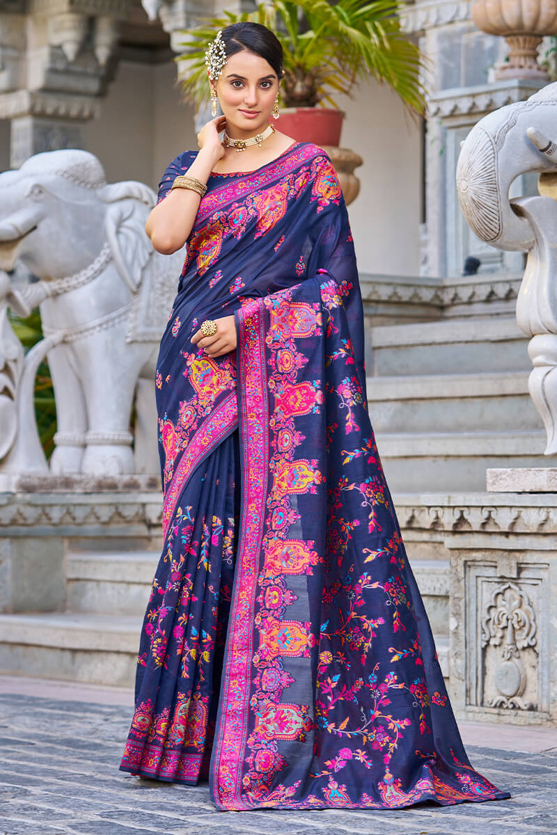 Adorable Navy Blue Pashmina saree With Extraordinary Blouse Piece