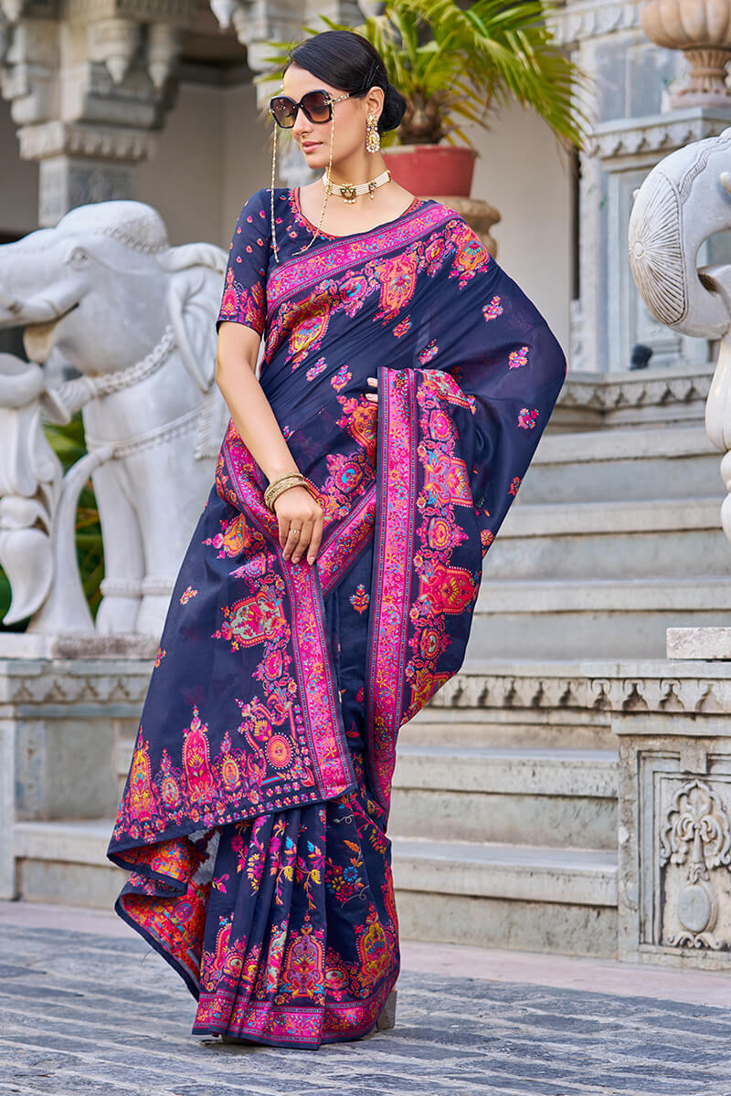 Adorable Navy Blue Pashmina saree With Extraordinary Blouse Piece