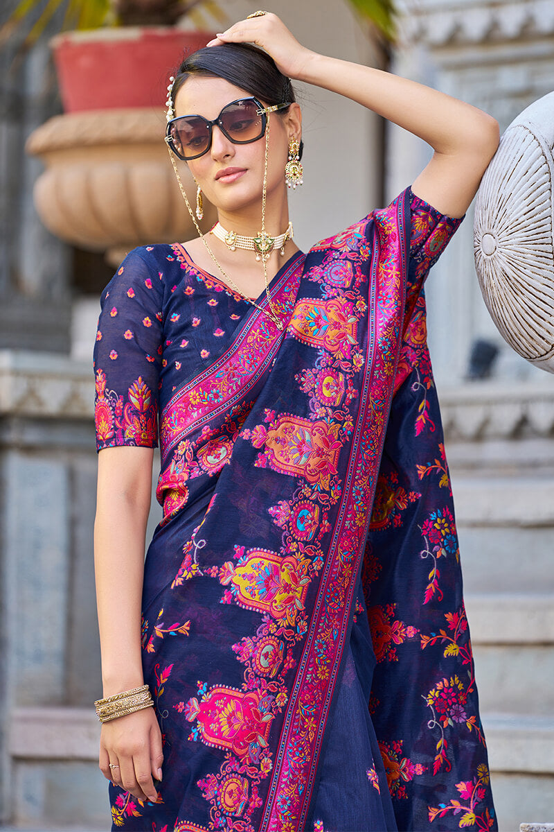 Adorable Navy Blue Pashmina saree With Extraordinary Blouse Piece