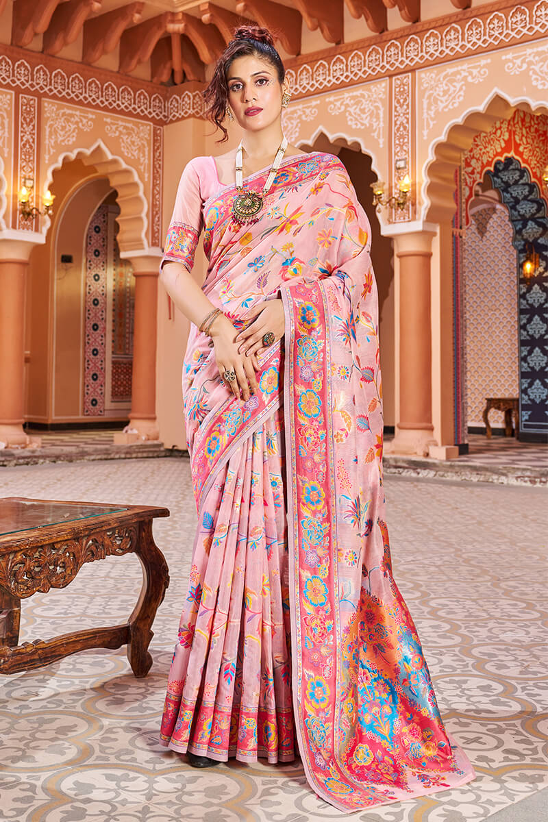 Jazzy Baby Pink Linen Silk Saree With Prettiest Blouse Piece