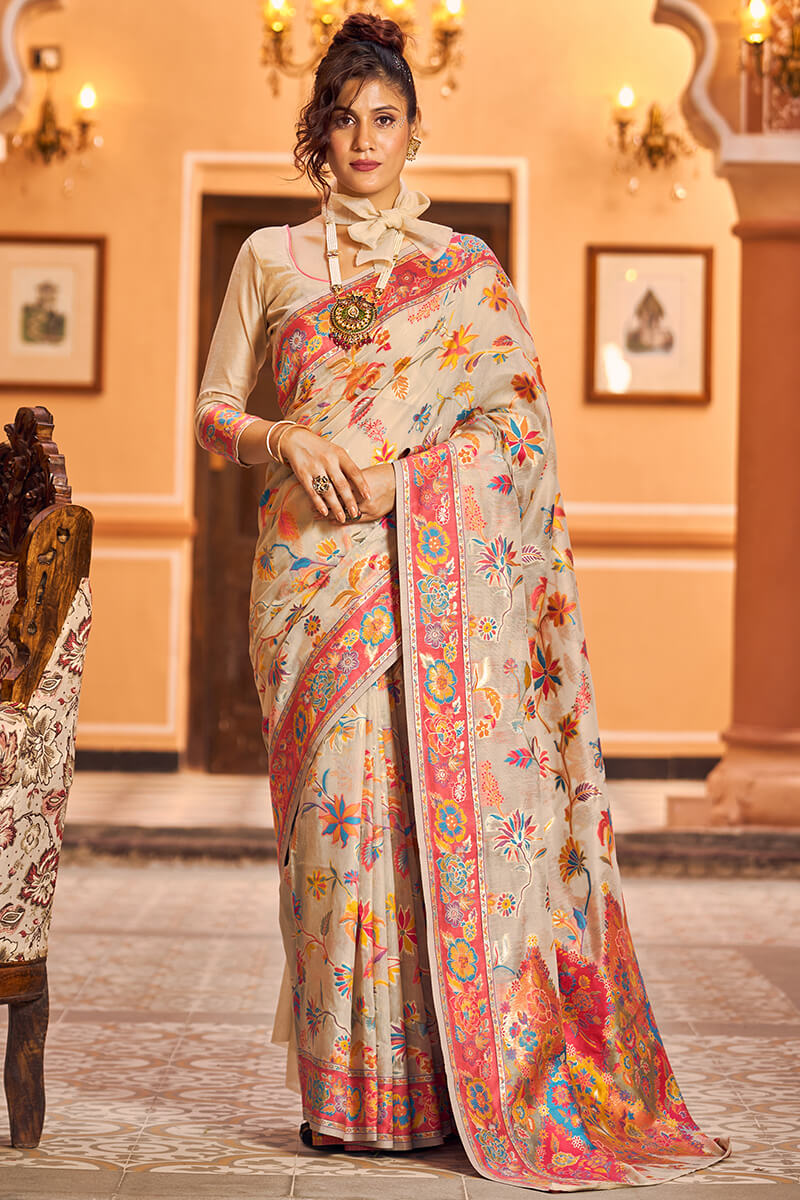 Elegant Beige Linen Silk Saree With Surpassing Blouse Piece