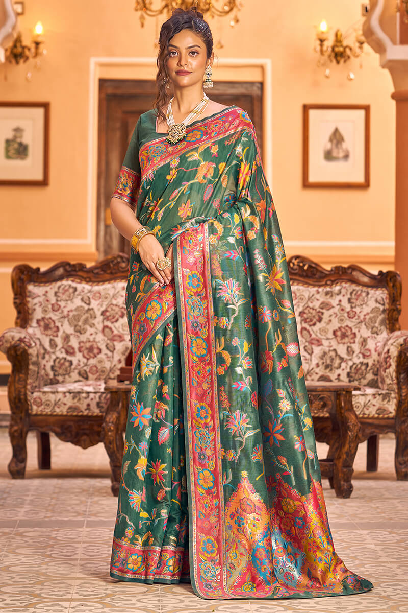 Eye-catching Dark Green Linen Silk Saree With Beautiful Blouse Piece