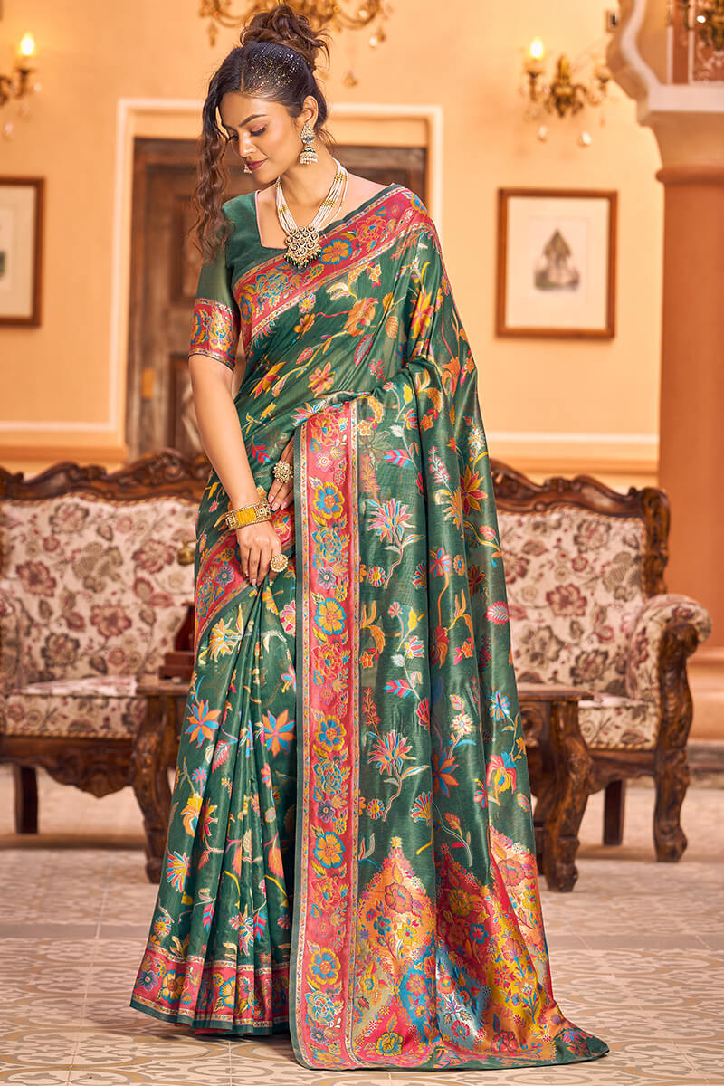 Eye-catching Dark Green Linen Silk Saree With Beautiful Blouse Piece