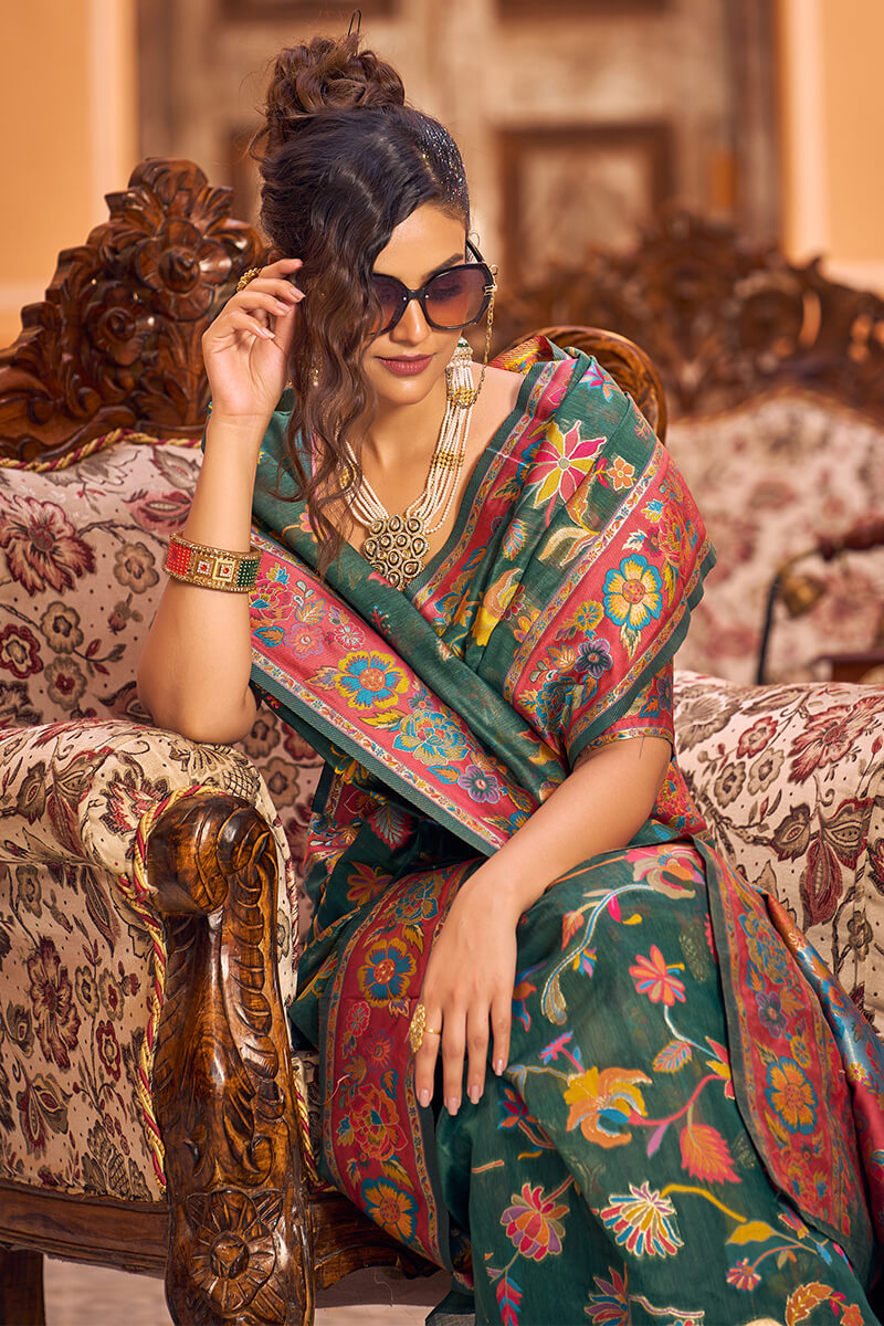 Eye-catching Dark Green Linen Silk Saree With Beautiful Blouse Piece