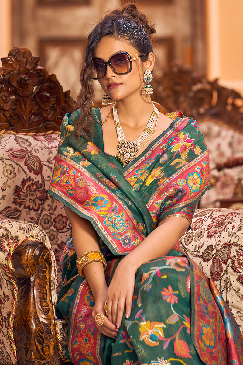 Eye-catching Dark Green Linen Silk Saree With Beautiful Blouse Piece