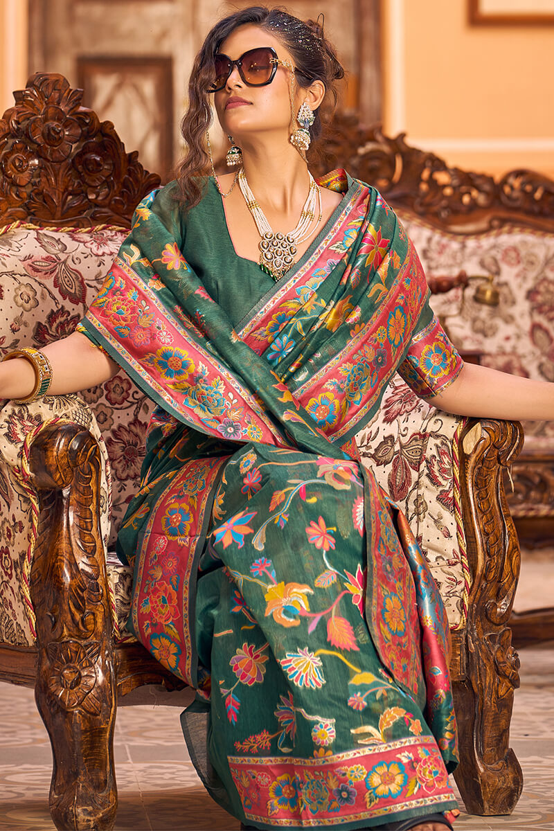 Eye-catching Dark Green Linen Silk Saree With Beautiful Blouse Piece