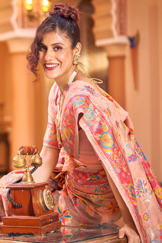 Impressive Peach Linen Silk Saree With Groovy Blouse Piece