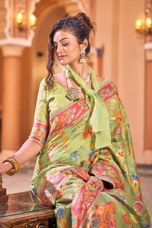 Surpassing Pista Linen Silk Saree With Flamboyant Blouse Piece