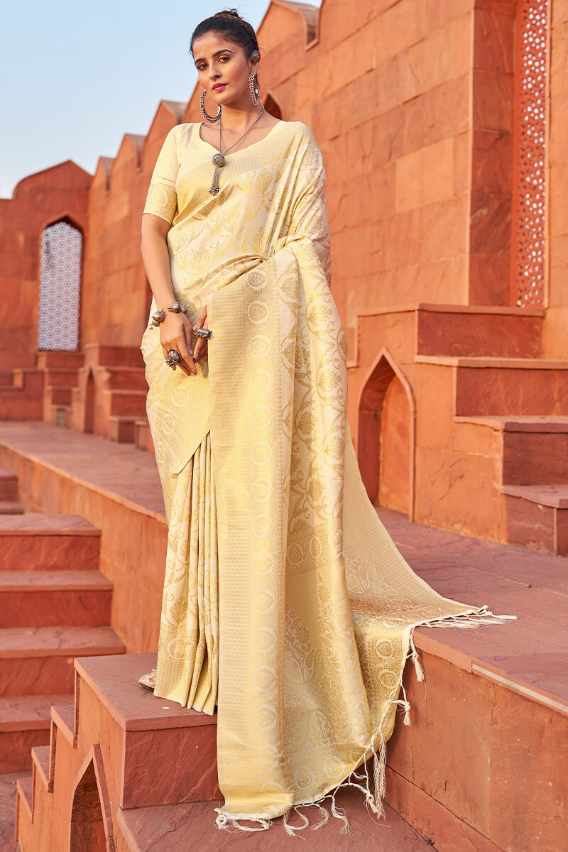 Precious Beige Soft Banarasi Silk Saree With Pleasurable Blouse Piece