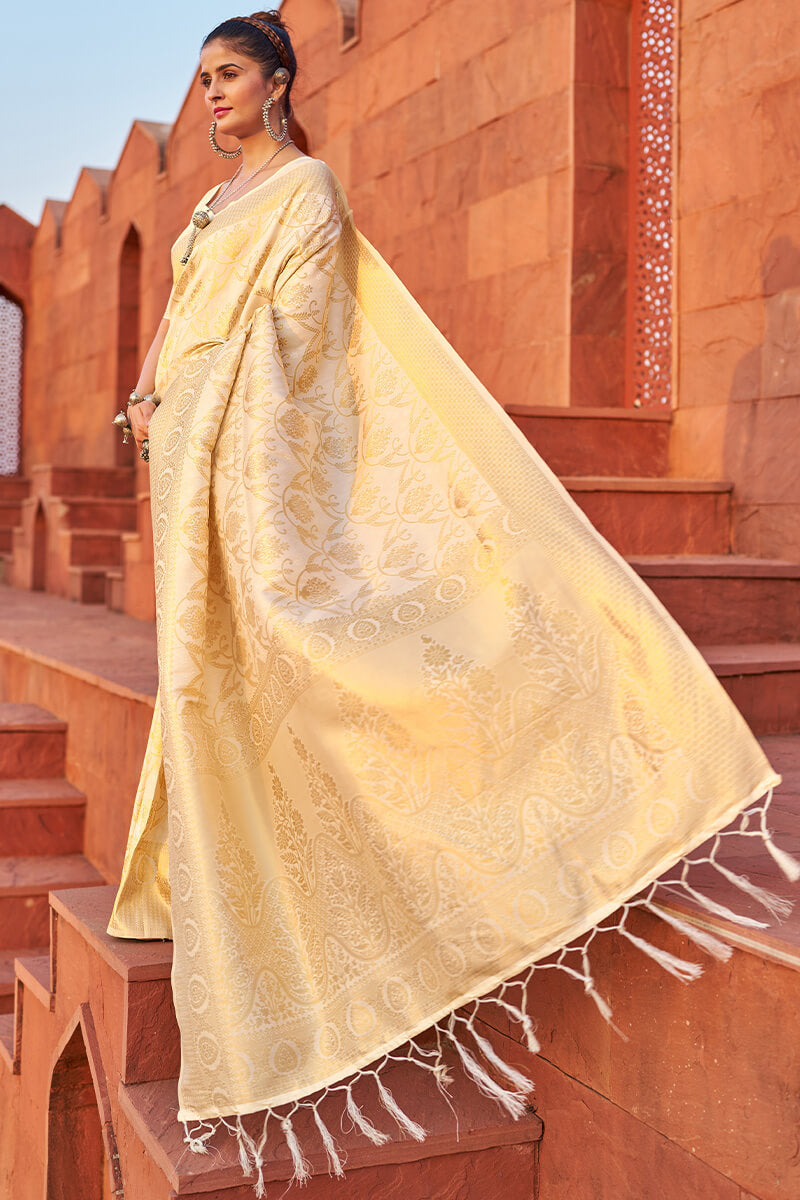 Precious Beige Soft Banarasi Silk Saree With Pleasurable Blouse Piece