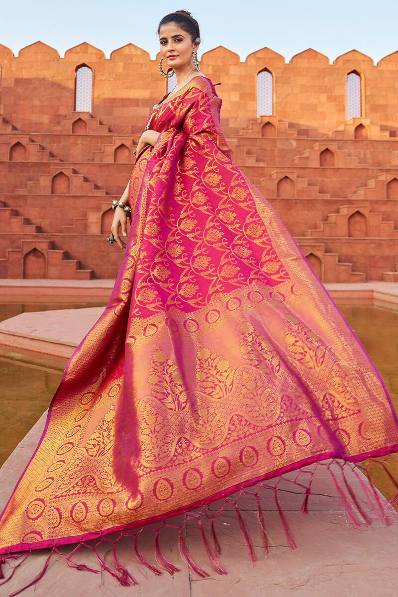 Lovely Dark Pink Soft Banarasi Silk Saree With Profuse Blouse Piece