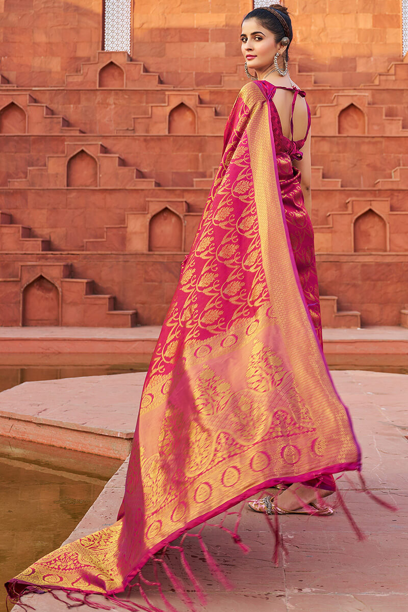 Lovely Dark Pink Soft Banarasi Silk Saree With Profuse Blouse Piece