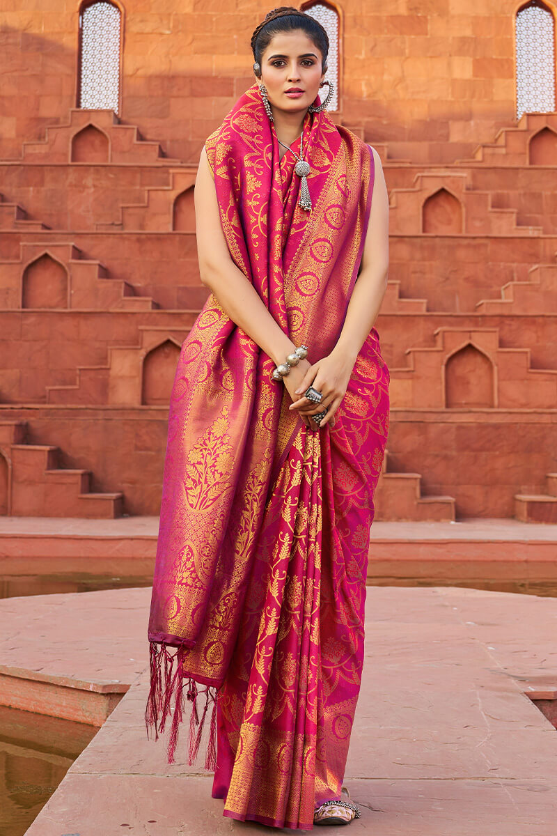 Lovely Dark Pink Soft Banarasi Silk Saree With Profuse Blouse Piece