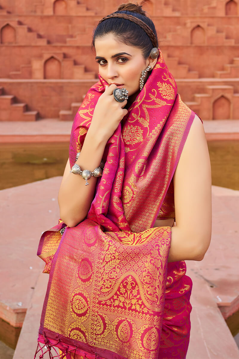 Lovely Dark Pink Soft Banarasi Silk Saree With Profuse Blouse Piece