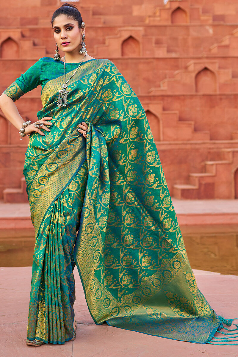 Gleaming Rama Soft Banarasi Silk Saree With Supernal Blouse Piece