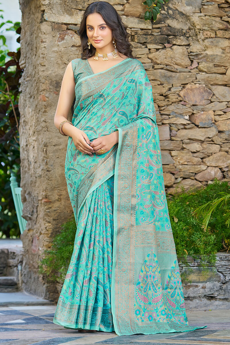 Beauteous Turquoise Pashmina saree With Woebegone Blouse Piece