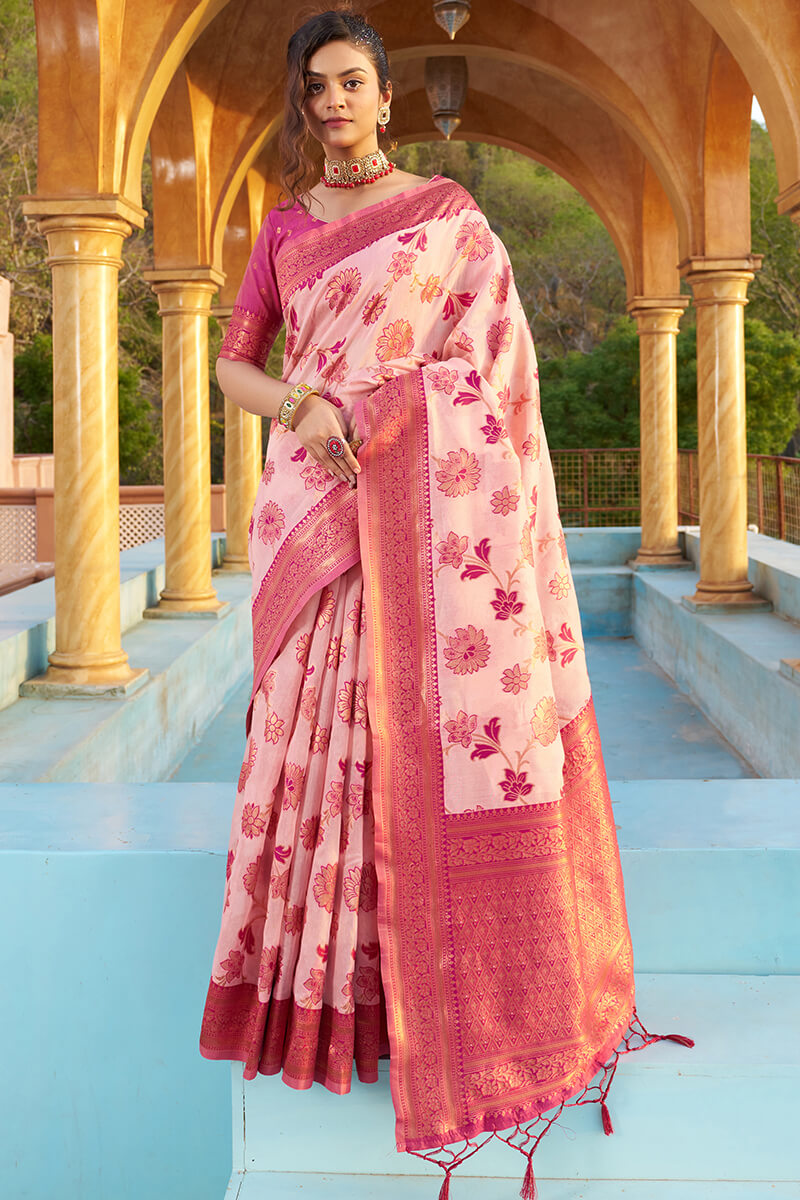 Glowing Baby Pink Organza Silk Saree With Lissome Blouse Piece