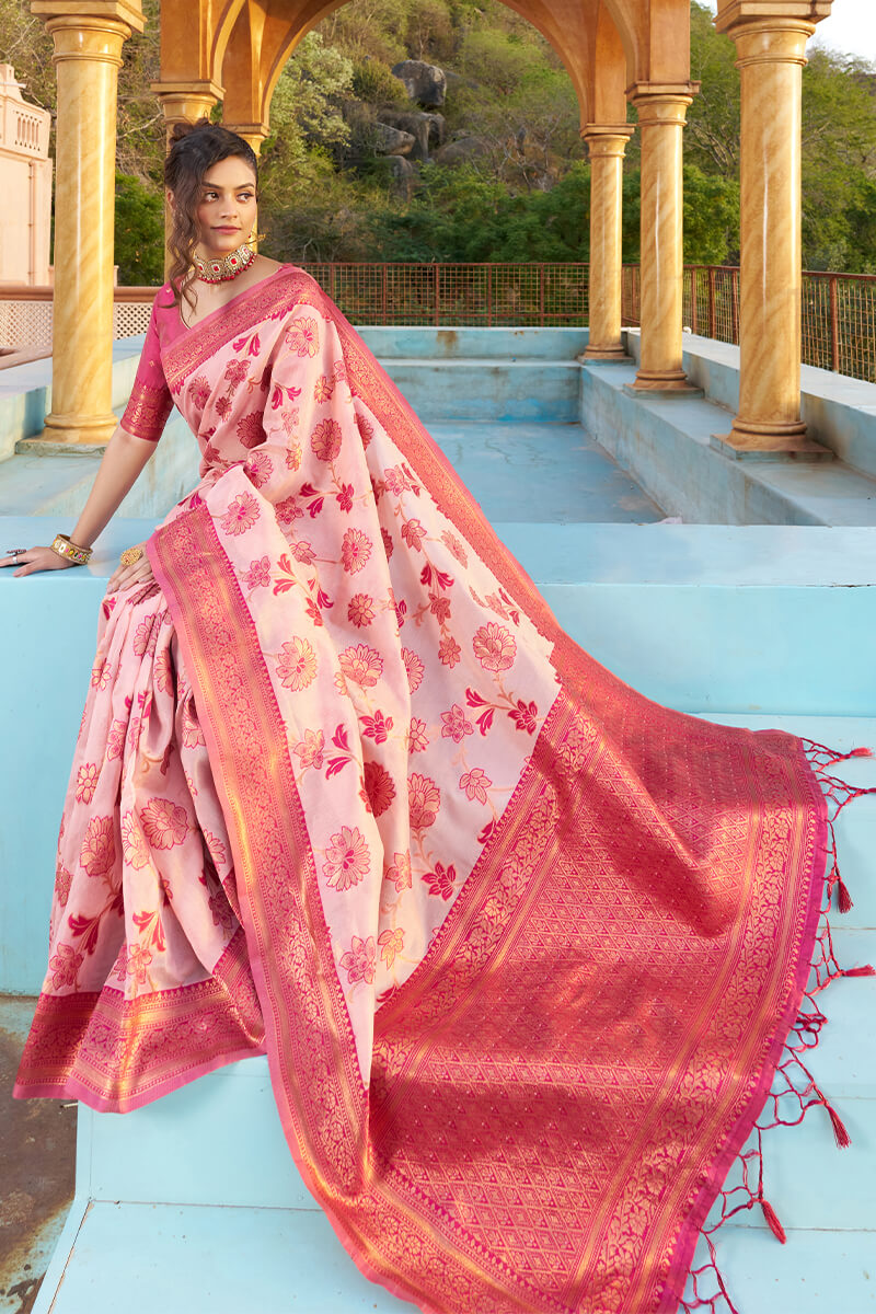 Glowing Baby Pink Organza Silk Saree With Lissome Blouse Piece