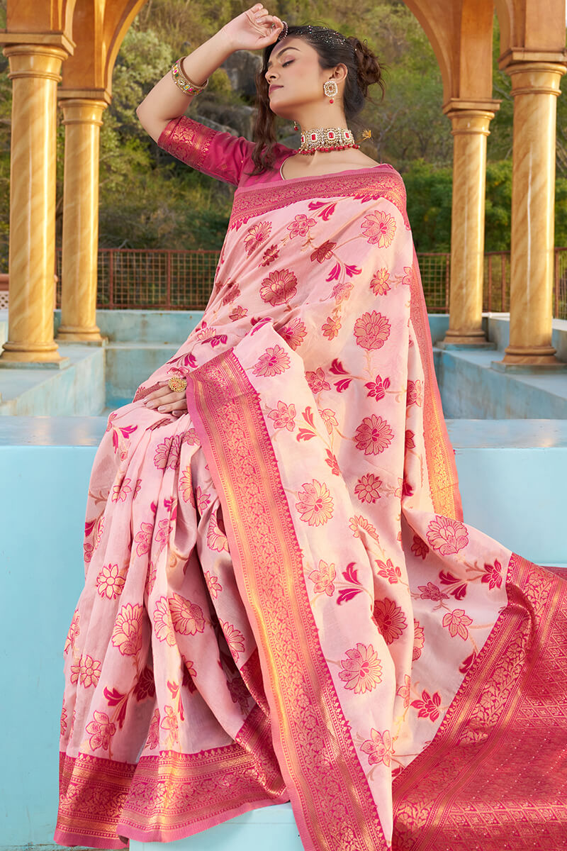 Glowing Baby Pink Organza Silk Saree With Lissome Blouse Piece