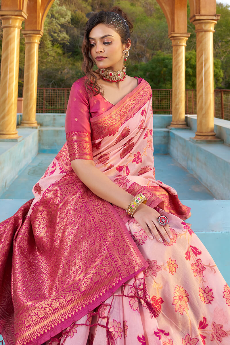 Glowing Baby Pink Organza Silk Saree With Lissome Blouse Piece