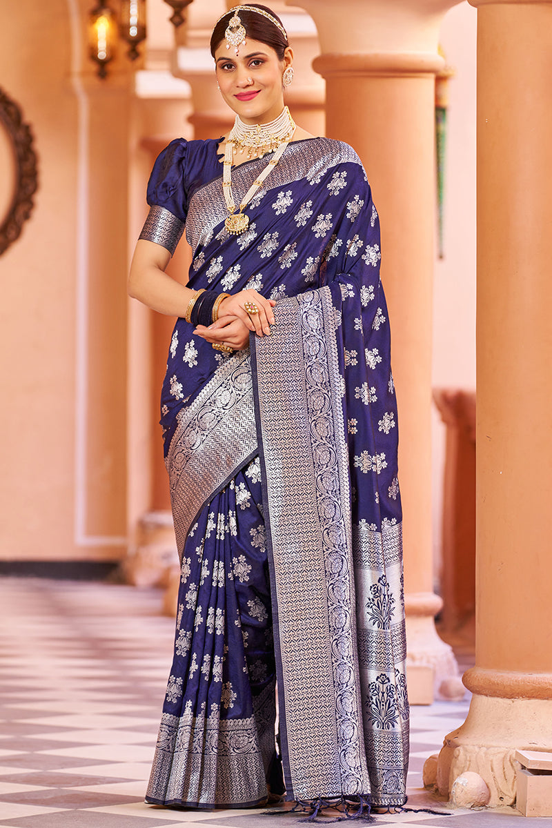 Trendy Navy Blue Banarasi Silk Saree with Improbable Blouse Piece