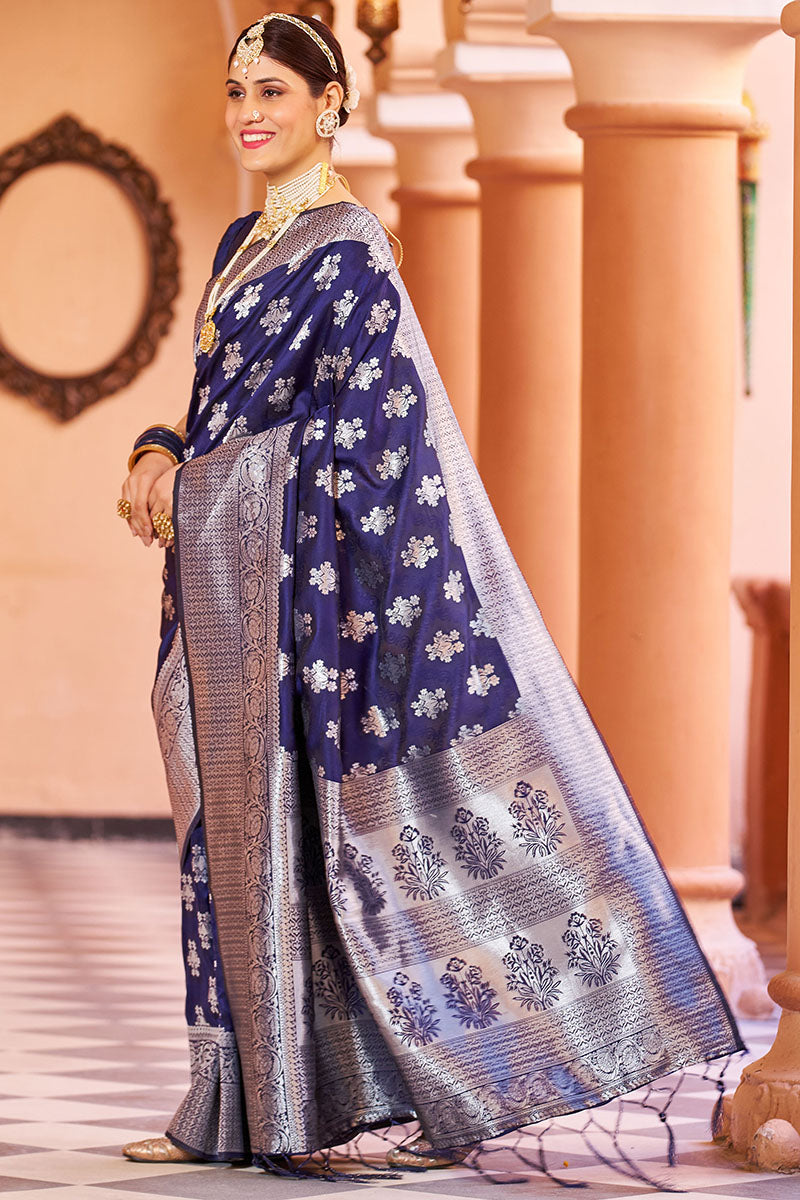 Trendy Navy Blue Banarasi Silk Saree with Improbable Blouse Piece