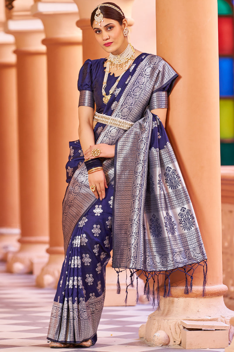 Trendy Navy Blue Banarasi Silk Saree with Improbable Blouse Piece