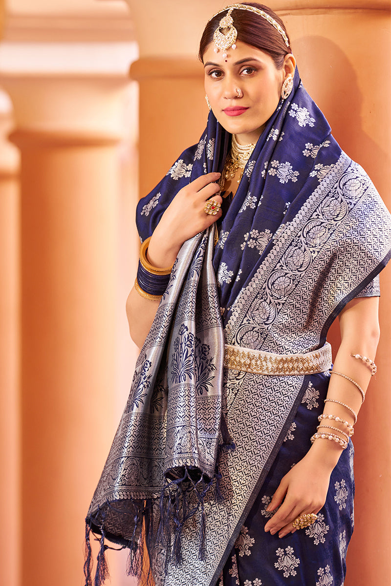 Trendy Navy Blue Banarasi Silk Saree with Improbable Blouse Piece